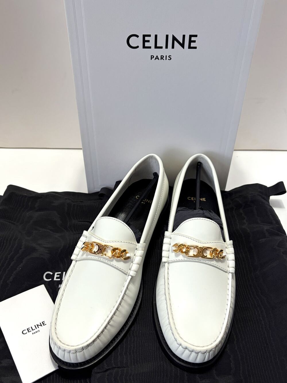 CELINE Chain Triomphe Loafer 15 White Leather Gold Logo Size IT 39 US 9 Box